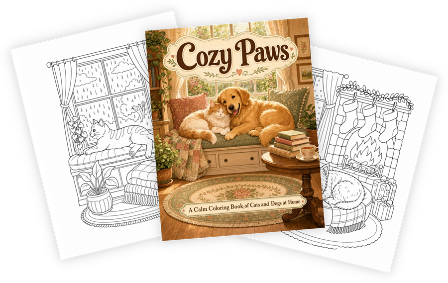 Cozy Paws coloring book mockup Cozy Paws coloring book cover with two coloring pages fanned behind it